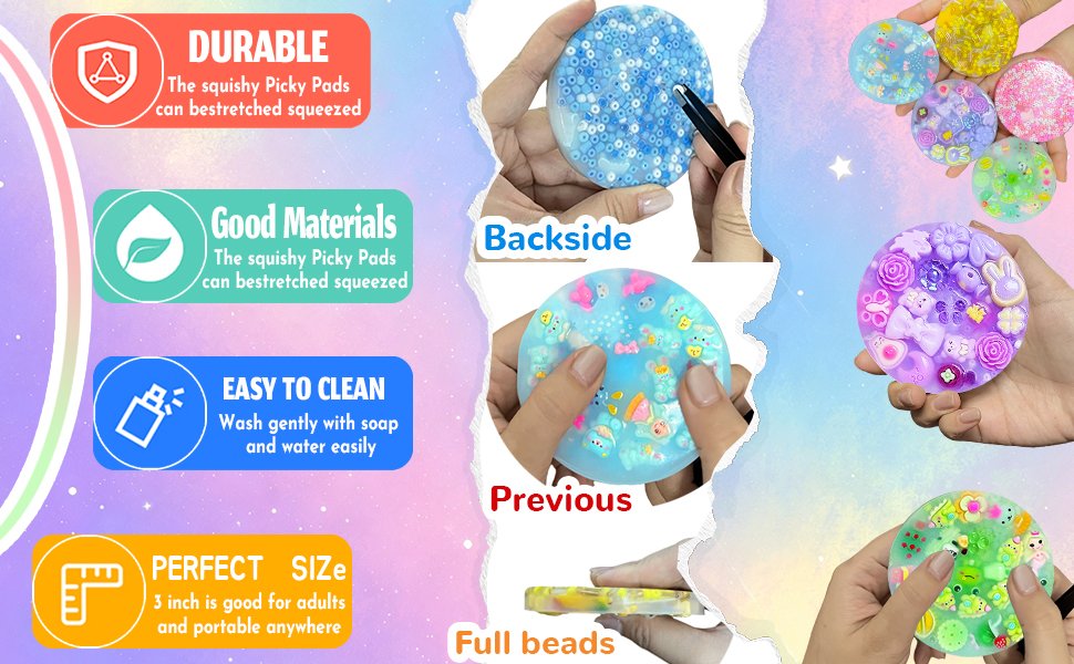 Pixnest pad features: durable and squishy, easy to clean with soap and water, and a perfect pocket size for adults