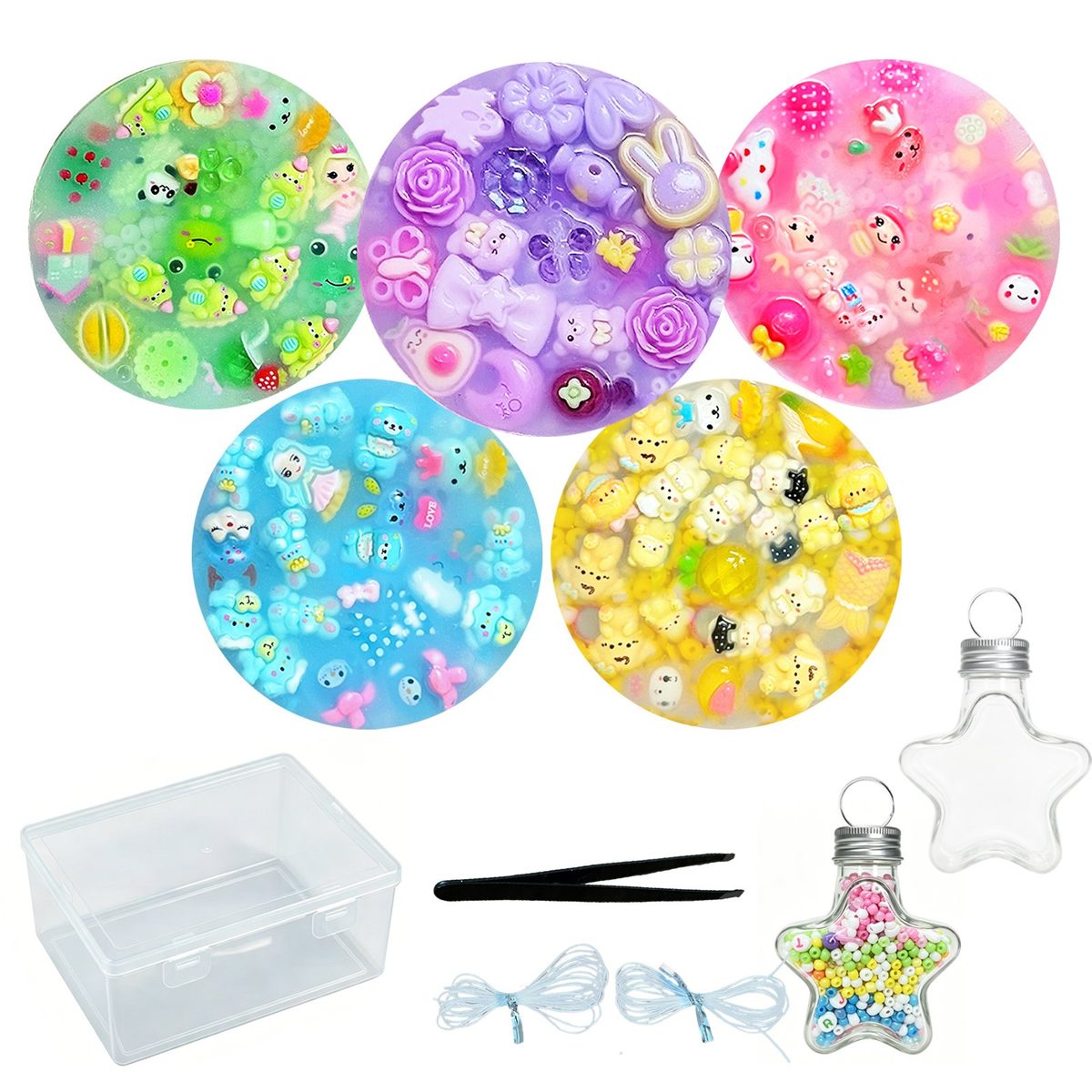 Pixnest sensory pads 5-pack — five colorful pads in green, blue, pink, yellow and purple, with clear storage box, tweezers, stretch cord and star bottle