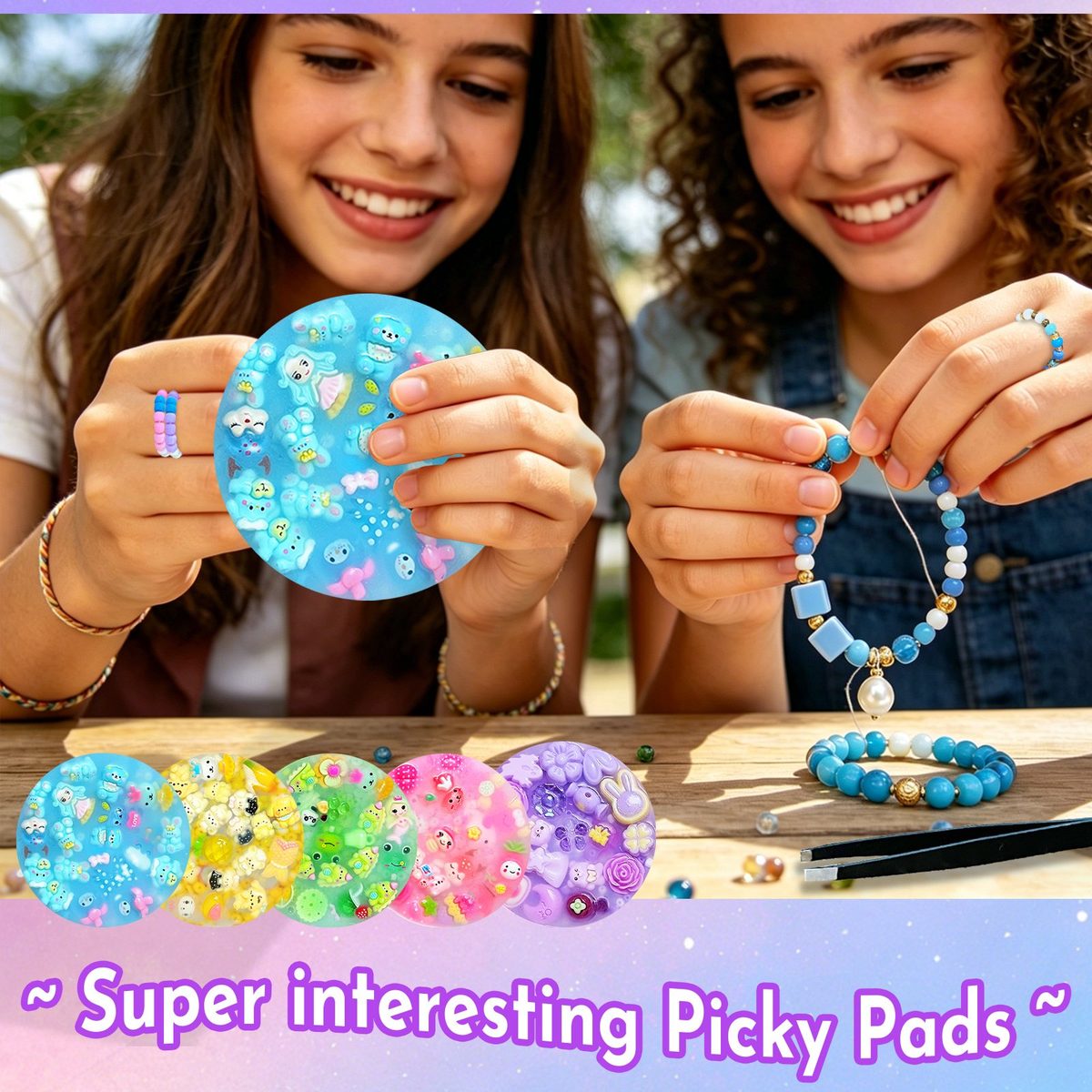 Two friends holding Pixnest sensory pads and making beaded bracelets outdoors